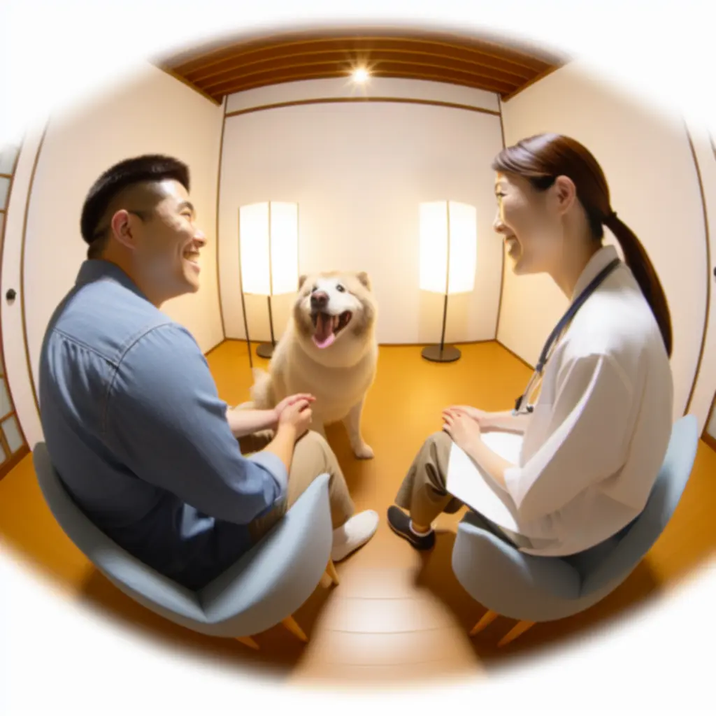 Zadowolony klient rozmawia ze specjalistą opieki nad zwierzęciem