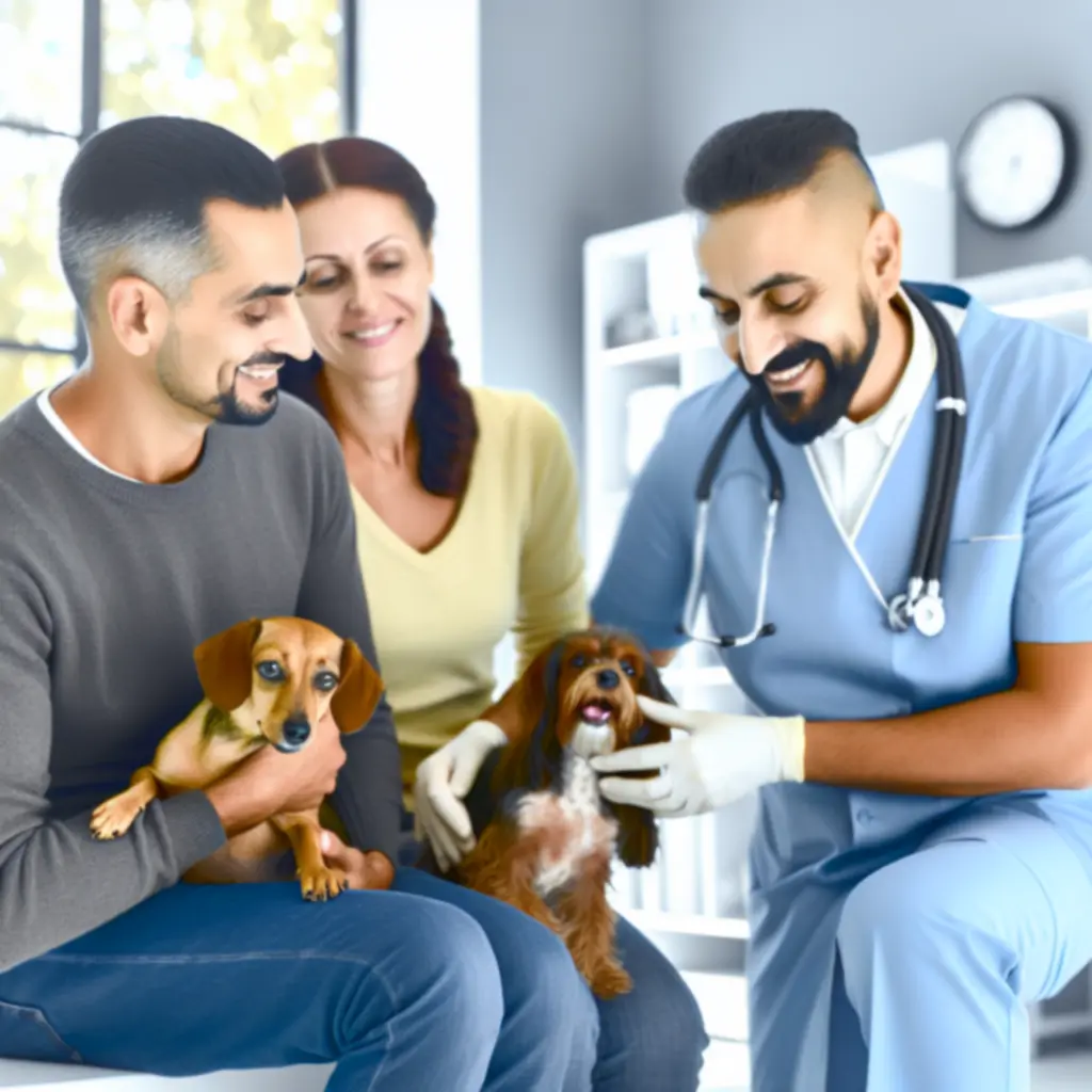 Pies z rodziną podczas spokojnej konsultacji u weterynarza