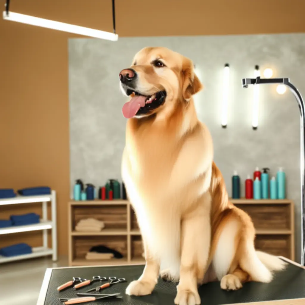 Uśmiechnięty golden retriever po stylizacji u groomera