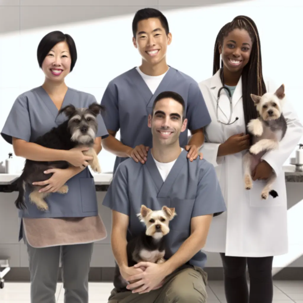 Zespół uśmiechniętych specjalistów opieki nad zwierzętami